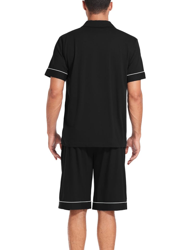 COLORFULLEAF Men's 100% Cotton Short Sleeve Pajama Sets Button Down Notched Collar Sleepwear Soft Lounge Pjs with Pockets (Black, M) - Image 4